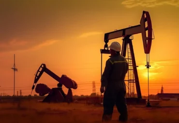Operario en campo petrolero frente a balancines de extracción, representando las soluciones de gestión ambiental y operativa para el sector energético en Arauca.